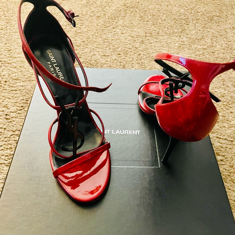 Yves Saint Laurent Red Patent Leather Strappy Heels - Picture 6 of 16